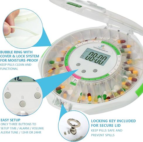 Automatic Pill Dispenser with Lock for Caregivers | 28-Day Medication Organizer for Seniors | 6 Daily Alarms & Flashing Light Reminder - No App or WiFi Needed in Saudi Arabia