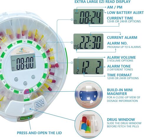 Automatic Pill Dispenser with Lock for Caregivers | 28-Day Medication Organizer for Seniors | 6 Daily Alarms & Flashing Light Reminder - No App or WiFi Needed in Saudi Arabia