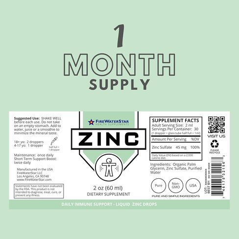 FWS Liquid Zinc Supplement for Men Women Kids, Organic Non-GMO Vegan, Ionic Zinc Sulfate Drops, Immune System Boost Healthy Skin Support Overall Wellness, 30 Day Supply, 2 oz in Saudi Arabia