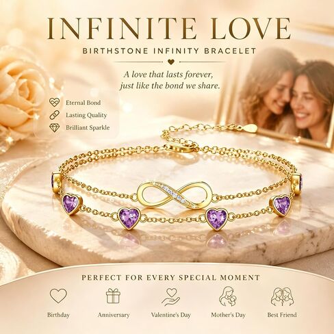 18K Yellow Gold Infinity Birthstone Bracelet/Anklet Adjustable 12 Months Infinity Bracelet/Anklet with Heart Birthstone Birthday Christmas Jewelry Gifts for Women Mom Her in Saudi Arabia