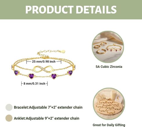 18K Yellow Gold Infinity Birthstone Bracelet/Anklet Adjustable 12 Months Infinity Bracelet/Anklet with Heart Birthstone Birthday Christmas Jewelry Gifts for Women Mom Her in Saudi Arabia