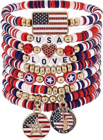 American Bracelets 4th of July Bracelets for Women Red White Blue Clay Beads Stackable Stretch Bracelet American Independence Day Accessories for Women Teens USA 250th Patriotic Jewelry Gifts for Women Teens in Saudi Arabia