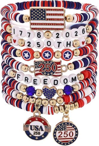 American Bracelets 4th of July Bracelets for Women Red White Blue Clay Beads Stackable Stretch Bracelet American Independence Day Accessories for Women Teens USA 250th Patriotic Jewelry Gifts for Women Teens in Kuwait