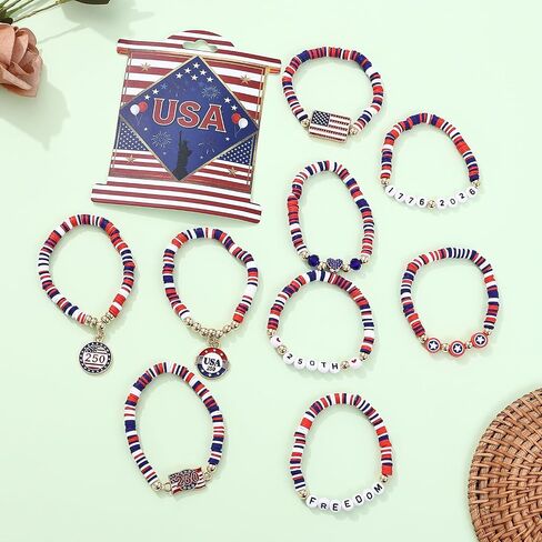 American Bracelets 4th of July Bracelets for Women Red White Blue Clay Beads Stackable Stretch Bracelet American Independence Day Accessories for Women Teens USA 250th Patriotic Jewelry Gifts for Women Teens in Kuwait