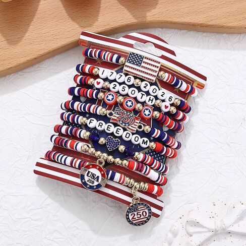 American Bracelets 4th of July Bracelets for Women Red White Blue Clay Beads Stackable Stretch Bracelet American Independence Day Accessories for Women Teens USA 250th Patriotic Jewelry Gifts for Women Teens in Kuwait