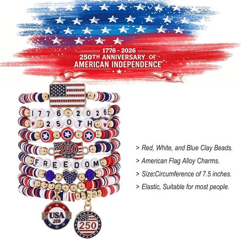 American Bracelets 4th of July Bracelets for Women Red White Blue Clay Beads Stackable Stretch Bracelet American Independence Day Accessories for Women Teens USA 250th Patriotic Jewelry Gifts for Women Teens in Kuwait