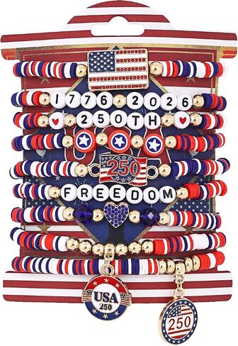 American Bracelets 4th of July Bracelets for Women Red White Blue Clay Beads Stackable Stretch Bracelet American Independence Day Accessories for Women Teens USA 250th Patriotic Jewelry Gifts for Women Teens in Kuwait