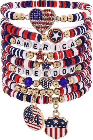 American Bracelets 4th of July Bracelets for Women Red White Blue Clay Beads Stackable Stretch Bracelet American Independence Day Accessories for Women Teens USA 250th Patriotic Jewelry Gifts for Women Teens in Kuwait