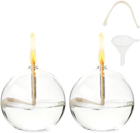SUPERFINDINGS 2 Sets Clear Glass Oil Lamp Round Refillable Liquid Petite Oil lamp 8 x 7.4 cm Burning with Wick and Holder Included for Indoor Lighting and Outdoor Events in Kuwait