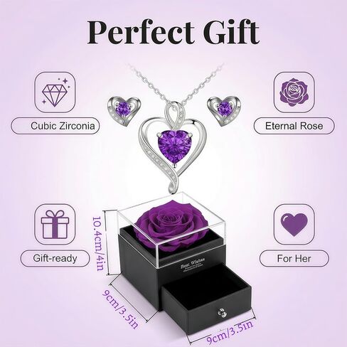 Eternal Rose Gift Box for Her - Real PreservedFlower with Heart Necklace & Earrings Set - RomanticGifts for Women Wife Mom Girlfriend - Lasts 3-5 Years -Valentine's Mother's Day Birthday in Kuwait