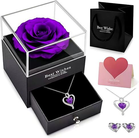 Eternal Rose Gift Box for Her - Real PreservedFlower with Heart Necklace & Earrings Set - RomanticGifts for Women Wife Mom Girlfriend - Lasts 3-5 Years -Valentine's Mother's Day Birthday in Kuwait