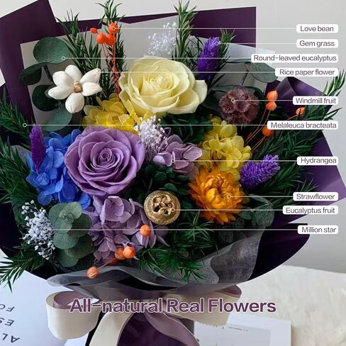 JOYCELAU Preserved violet Flower Bouquet - Purple & Yellow Roses with Gift Tag in Gift Box,Home Decor,Thanksgiving Birthday Valentine's Day Gift for Women Mom Grandma Wife Friends,Real Roses in Saudi Arabia