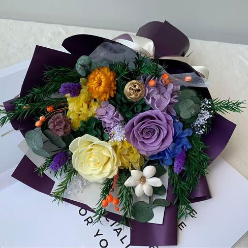 JOYCELAU Preserved violet Flower Bouquet - Purple & Yellow Roses with Gift Tag in Gift Box,Home Decor,Thanksgiving Birthday Valentine's Day Gift for Women Mom Grandma Wife Friends,Real Roses in Saudi Arabia