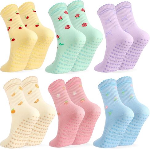 Pilates Grip Socks for Women, 6 Pairs Striped Ruffle Yoga Sock Cute Cotton Grippy Colorful Crew Socks Pilates Gift for Non Slip Barre Workout Fitness Hospital Size 6-10 in Kuwait