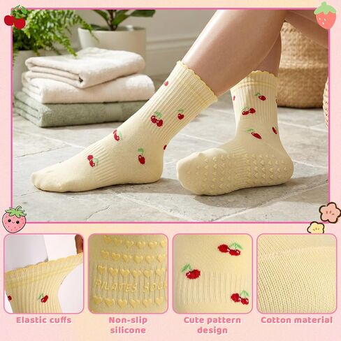 Pilates Grip Socks for Women, 6 Pairs Striped Ruffle Yoga Sock Cute Cotton Grippy Colorful Crew Socks Pilates Gift for Non Slip Barre Workout Fitness Hospital Size 6-10 in Kuwait