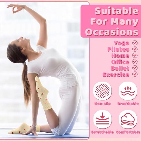 Pilates Grip Socks for Women, 6 Pairs Striped Ruffle Yoga Sock Cute Cotton Grippy Colorful Crew Socks Pilates Gift for Non Slip Barre Workout Fitness Hospital Size 6-10 in Kuwait