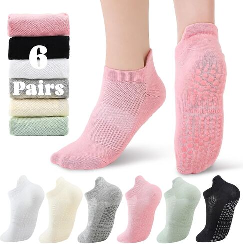 6 Pairs Pilates Socks with Grips for Women Non Slip Socks Yoga Sock for Barre Dance Hospital Workout in Kuwait