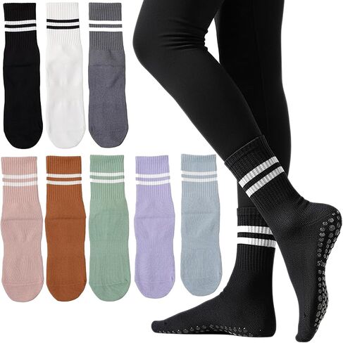 8 Pairs Grip Pilates Crew Socks for Women – Non Slip Yoga Barre Socks, Cotton Grippy Athletic Hospital Socks Size 5–9 in Saudi Arabia