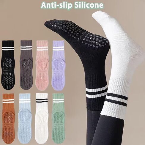 8 Pairs Grip Pilates Crew Socks for Women – Non Slip Yoga Barre Socks, Cotton Grippy Athletic Hospital Socks Size 5–9 in Saudi Arabia