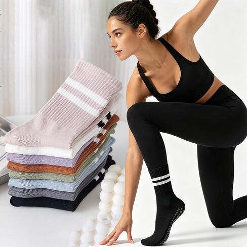 8 Pairs Grip Pilates Crew Socks for Women – Non Slip Yoga Barre Socks, Cotton Grippy Athletic Hospital Socks Size 5–9 in Saudi Arabia