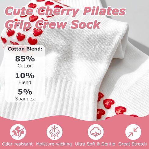 Pilates Grip Socks, Cute Cherry Ruffle & Multi-Color Crew Socks for Yoga, Barre, Home, Hospital, Brides, Mom gift in Saudi Arabia