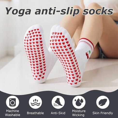 Pilates Grip Socks, Cute Cherry Ruffle & Multi-Color Crew Socks for Yoga, Barre, Home, Hospital, Brides, Mom gift in Saudi Arabia