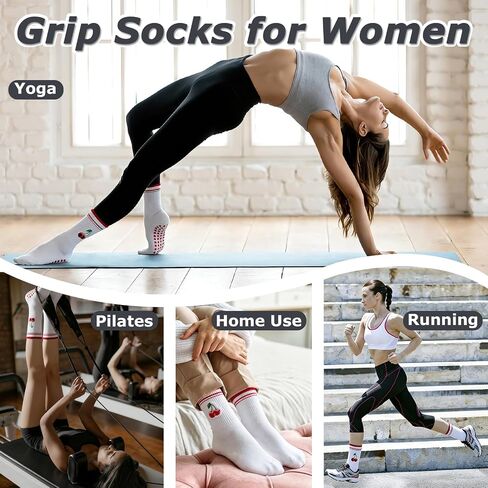 Pilates Grip Socks, Cute Cherry Ruffle & Multi-Color Crew Socks for Yoga, Barre, Home, Hospital, Brides, Mom gift in Saudi Arabia