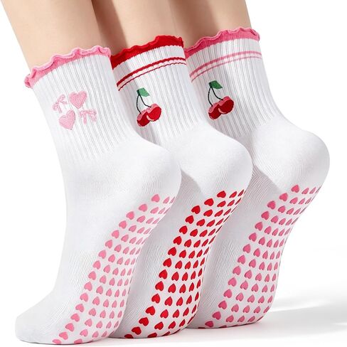 Pilates Grip Socks, Cute Cherry Ruffle & Multi-Color Crew Socks for Yoga, Barre, Home, Hospital, Brides, Mom gift in Saudi Arabia