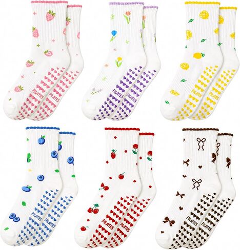 6 Pairs Cute Pilates Socks for Women, Ruffle Grip Yoga Sock Non Slip Cotton Athletic Frilly Crew Socks Pilates Gift for Barre Football Workout in Kuwait