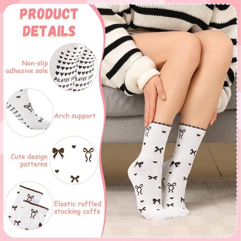 6 Pairs Cute Pilates Socks for Women, Ruffle Grip Yoga Sock Non Slip Cotton Athletic Frilly Crew Socks Pilates Gift for Barre Football Workout in Kuwait