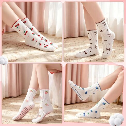 6 Pairs Cute Pilates Socks for Women, Ruffle Grip Yoga Sock Non Slip Cotton Athletic Frilly Crew Socks Pilates Gift for Barre Football Workout in Kuwait