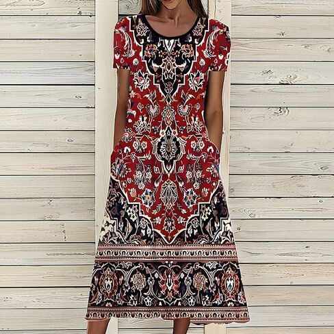 Women's Ethnic Print Crew Neck Short Sleeve Loose A-Line Midi Dress with Pockets in Kuwait