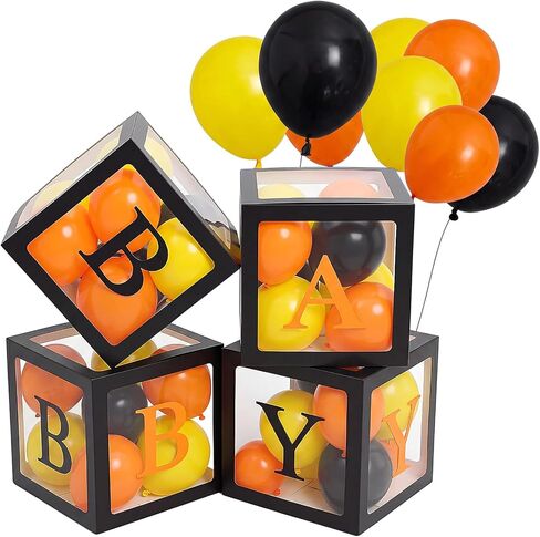 Zhanmai Baby Boxes for Bear Baby Shower Decoration with 4 Letters 36 Balloons 4pcs Transparent Clear Balloon Box Blocks for Boy Girl Balloon Boxes Gender Reveal Party Favors (Brown, Apricot, Blue) in Saudi Arabia
