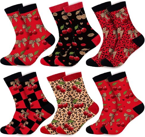 6 Pair Cheetah and Cherry Socks Gifts Red Black Leopard Bow Cherry Socks for Girls Ladies Bestie Sisters Female Friend Birthday Party in Saudi Arabia