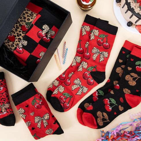 6 Pair Cheetah and Cherry Socks Gifts Red Black Leopard Bow Cherry Socks for Girls Ladies Bestie Sisters Female Friend Birthday Party in Saudi Arabia