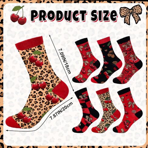 6 Pair Cheetah and Cherry Socks Gifts Red Black Leopard Bow Cherry Socks for Girls Ladies Bestie Sisters Female Friend Birthday Party in Saudi Arabia
