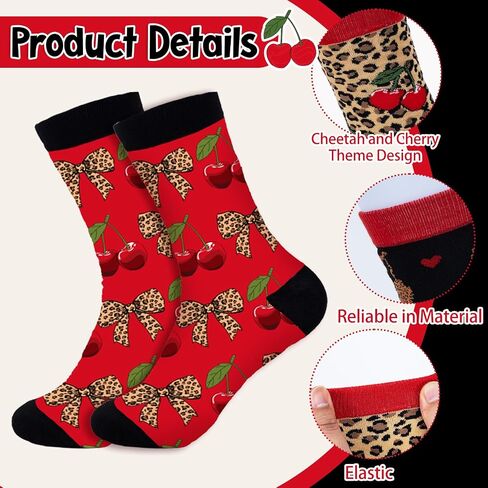 6 Pair Cheetah and Cherry Socks Gifts Red Black Leopard Bow Cherry Socks for Girls Ladies Bestie Sisters Female Friend Birthday Party in Saudi Arabia