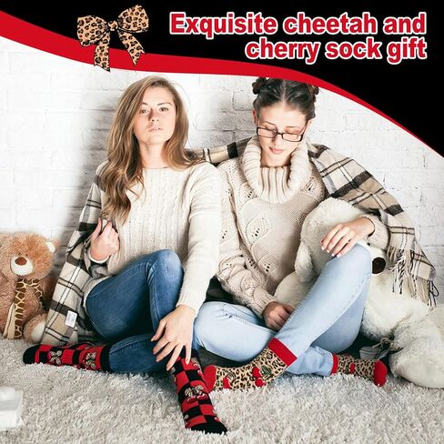 6 Pair Cheetah and Cherry Socks Gifts Red Black Leopard Bow Cherry Socks for Girls Ladies Bestie Sisters Female Friend Birthday Party in Saudi Arabia