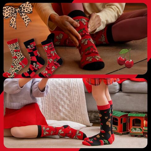 6 Pair Cheetah and Cherry Socks Gifts Red Black Leopard Bow Cherry Socks for Girls Ladies Bestie Sisters Female Friend Birthday Party in Saudi Arabia