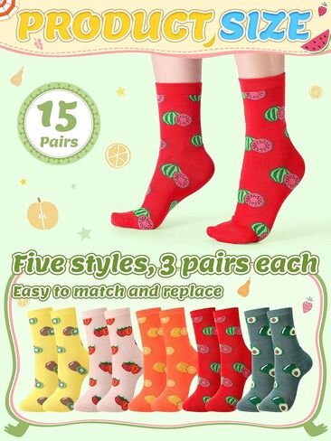 Fourluoo 15 Pairs Funny Fruit Socks Bulk Unisex Colorful Novelty Pattern Cotton Socks Strawberry Kiwi Lemon Avocado Watermelon Design for Women Men Fruit Party Holiday Gifts in Kuwait