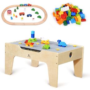 KRAND Kid's All-in-One Activity Play Table with 290 Building Bricks and 30-Piece Wooden Train Set Railway,Cars,Track and Accessories for Toddlers Boys and Girls Children's Toy Playset Game Desk