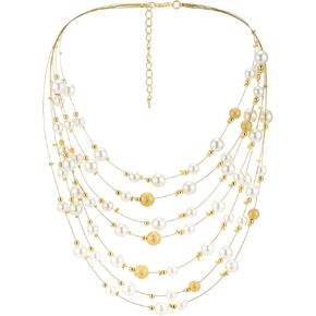 Multi-Strand Layered Pearl Necklace White Faux Pearl Satin Gold Beads Waterfall Statement Jewelry