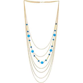 COOLSTEELANDBEYOND Gold Statement Necklace Multi-Strand Waterfall Long Chains, Blue Crystal, Synthetic Turquoise Bead