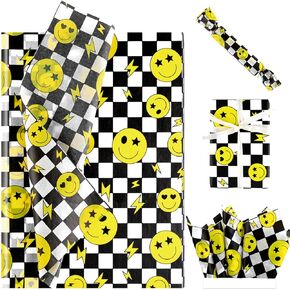 100 Sheets One Happy Dude Tissue Paper for Gift Bags, Black Yellow Smiley Faces Lightning Printed Wrapping Tissue Paper for Baby Shower Birthday Party DIY Crafts