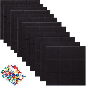 12 Pcs Large 11.8" x 11.8" Felt Bulletin Board for Wall Square Felt Board Tiles with 60 Push Pins Self Adhesive Cork Board Tiles Tack Board for Office Kitchen Classroom Photos Notes Memo DIY (Black)
