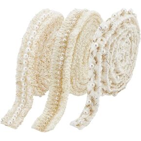 PH PandaHall 6 Yards 3 Styles Braided Lace Ribbons with Pearl, 5/8~3/4 Inch Wide Pearl Beaded Trim Cord Polyester Fabric Trim Lace Trim Upholstery Trim for Costume DIY Crafts Sewing Wedding Dress