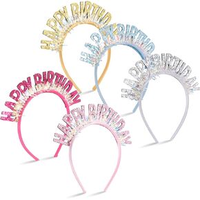 5Pcs Happy Birthday Headband for Women, Glitter Rainbow Tassel Birthday Crown for Girls, Birthday Party Decorations for Toddler, Birthday Tiara Hair Accessory for Kids, Sweet Birthday Gifts