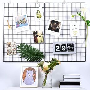 Grid Wall Panel Set of 2 Black, Photo Wall Metal Wire Display Panel Decorative Nordic Shelving Mesh Memo Board Brackets Art Display Hanging Organizer, Ins Art Display 23.6" x 23.6"