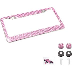 Osilly Bling Car License Plate Frame, 2 Hole Stainless Steel Crystal Diamond License Plate Holder & Screw Caps, Applicable to US Standard, Universal Sparkly Car Accessories for Girls Women (Pink)