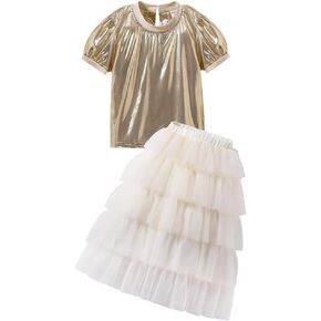 Baby Girl Suit Metallic T-Shirt Sparkly Short Sleeve Layered Dress Toddler Tutu Dress Tulle Princess A-line Summer